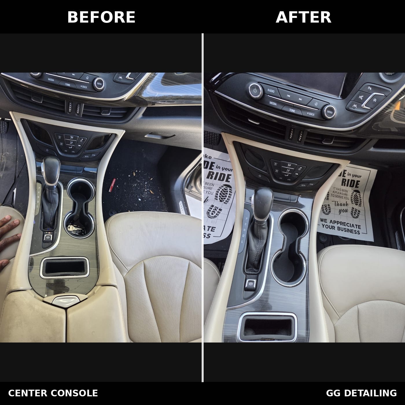 Center console, before and after, GG Detailing